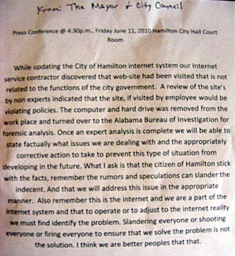 Friday, June 11, 2010 Press Release From Hamilton, AL Mayor & City Council photo